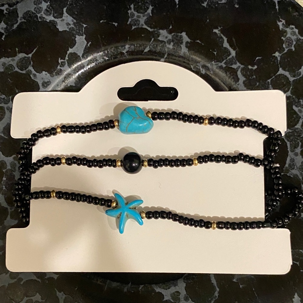 Black Beaded Anklet/Bracelet Set with Turquoise Accents